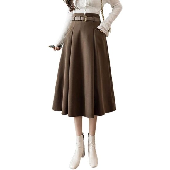 Wool Midi Skirt High Waist Pleated A Line Fall Winter Women's Fashion